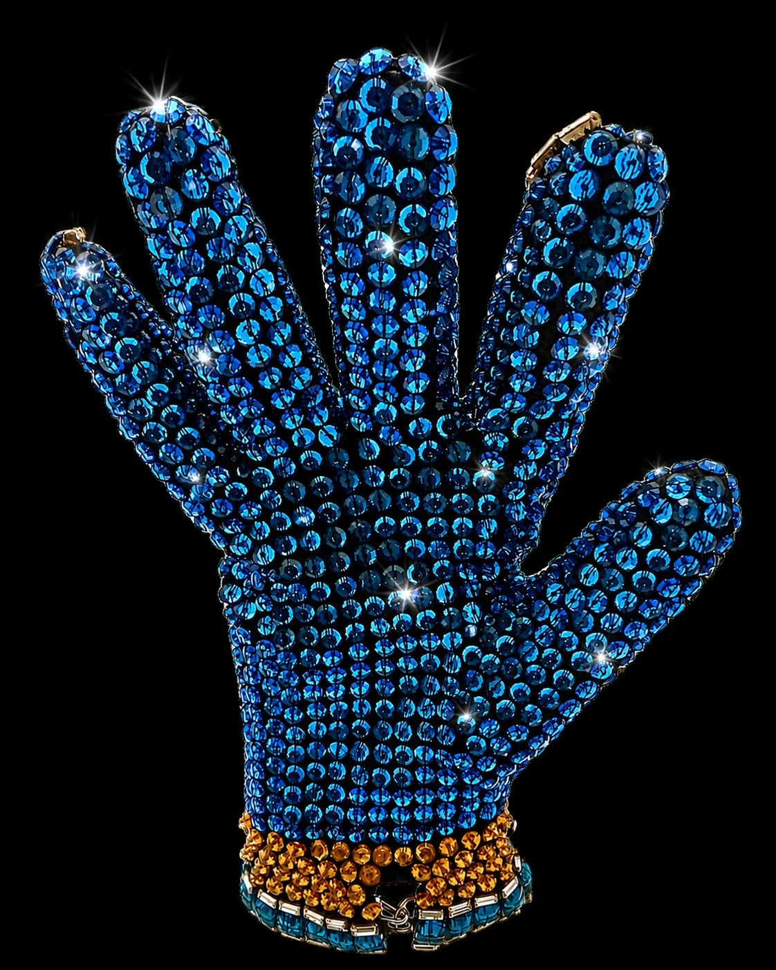Image alt text:
Michael Jackson Blue Sapphire Fantasy Glove replica with blue and gold crystal detailing